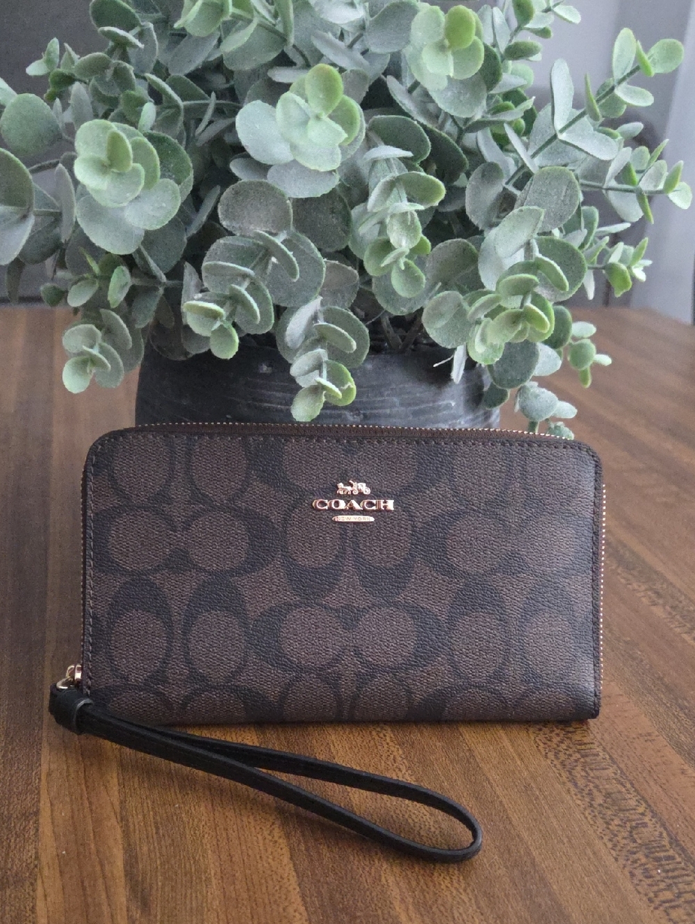 Coach Brown Signature Zip Wristlet Wallet with Gold Logo